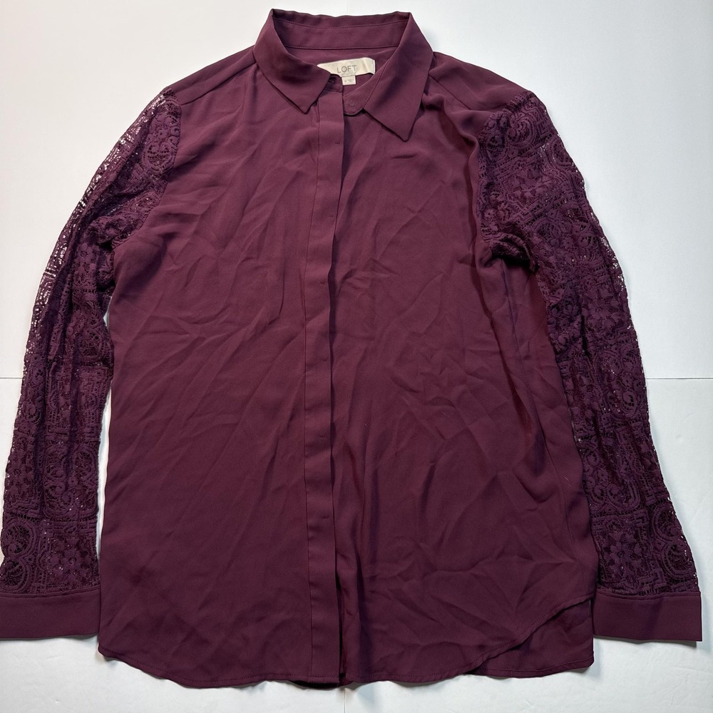 LOFT Blouse Womens Medium Burgundy Collared Button Front Sheer Lace Long Sleeve - Picture 1 of 8
